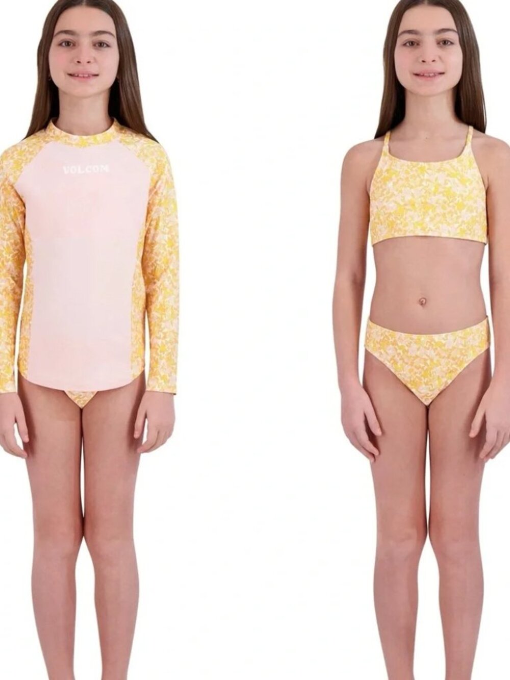 Volcom Girls 3-Piece Pink Rash Guard with Yellow Floral Bikini Set